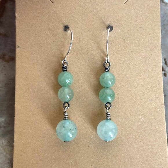 Sterling Silver 925 Round Green Aventurine Beaded Dangle Drop Earrings - Picture 9 of 16